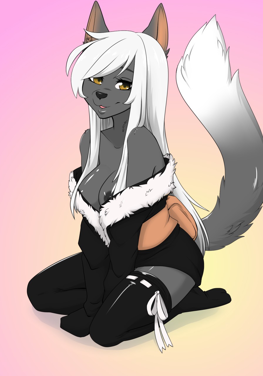 anthro breasts canine clothed clothing female kneeling looking_at_viewer mammal miiyori nipples racerdragon smile solo