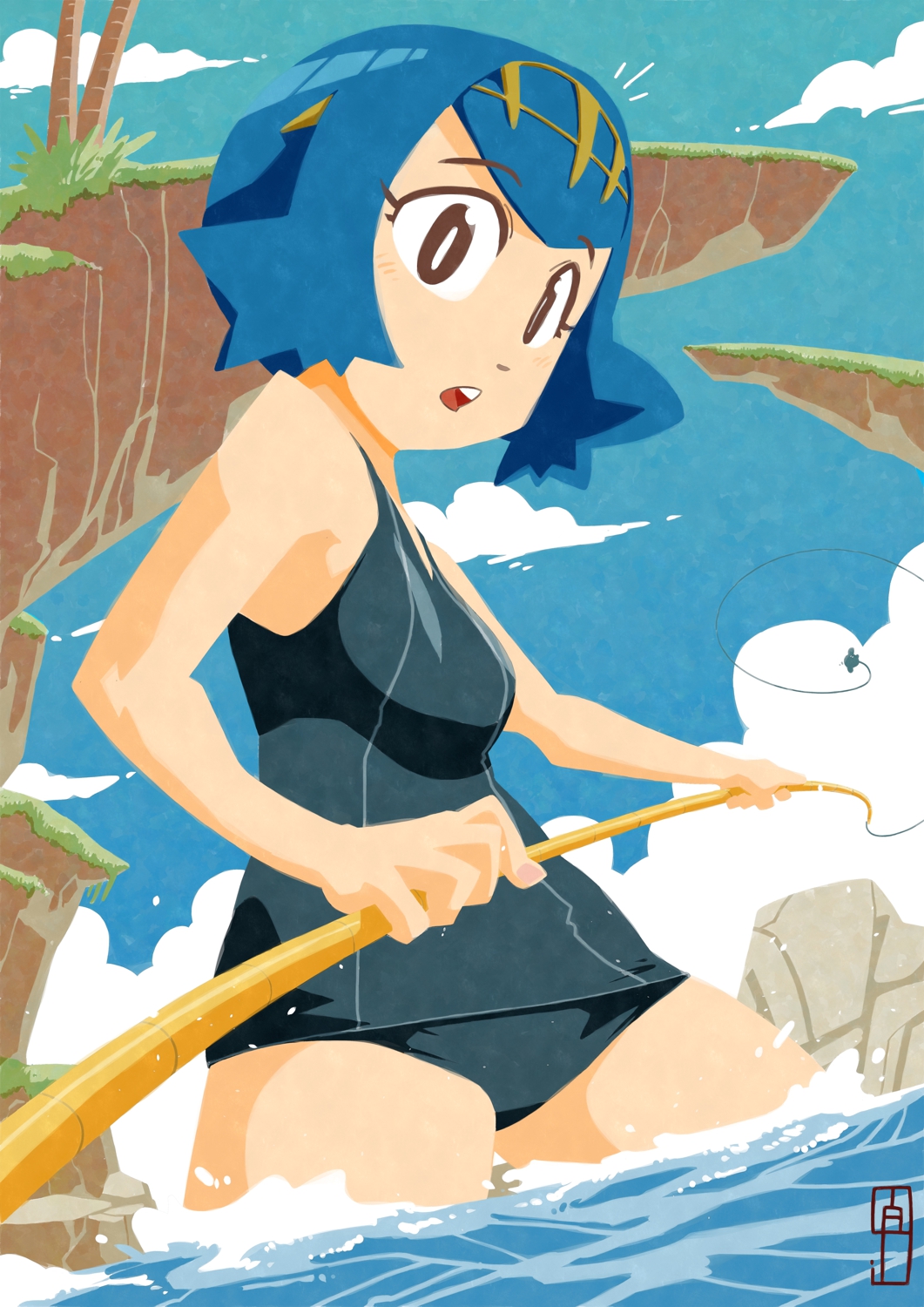 :o bangs bare_arms bare_shoulders black_eyes black_swimsuit blue_hair blue_sky breasts bright_pupils chawalit_adsawawalanon cliff cloud day eyebrows_visible_through_hair eyelashes fishing_rod grass hairband highres holding medium_breasts one-piece_swimsuit open_mouth outdoors palm_tree pokemon pokemon_(game) pokemon_sm school_swimsuit short_hair sky solo standing suiren_(pokemon) swimsuit teeth tree trial_captain wading water