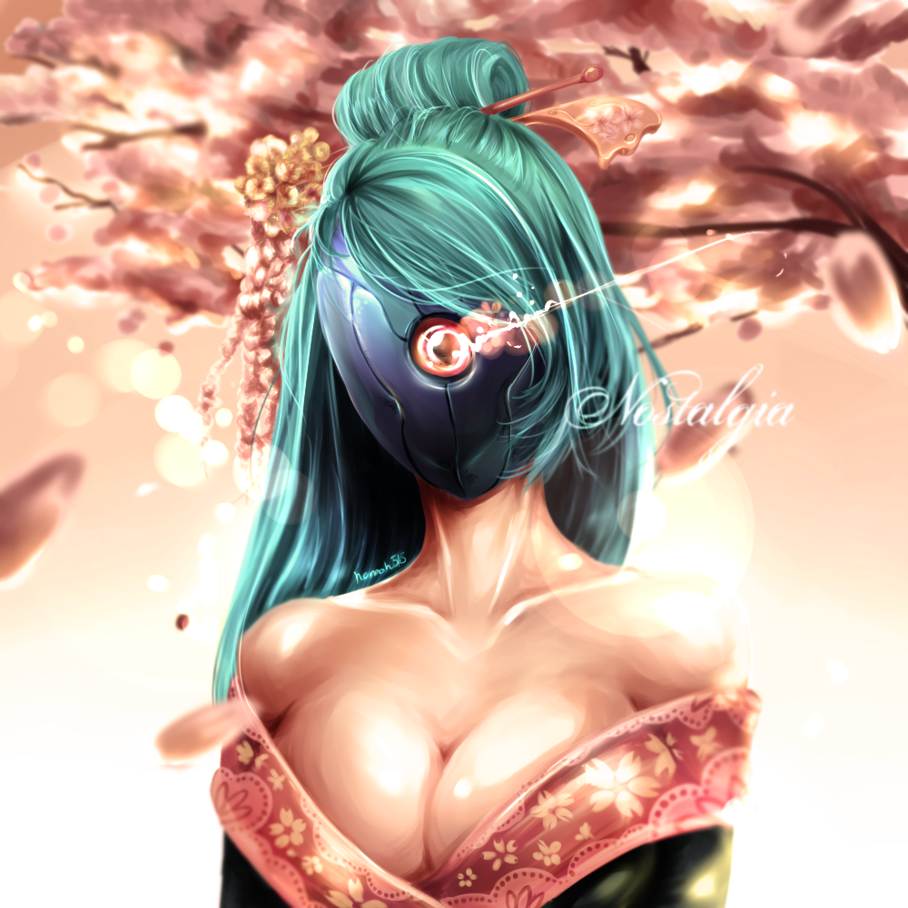 bare_shoulders breasts cleavage collarbone commentary cyborg cyclops detached_sleeves geisha glowing glowing_eye green_hair hair_ornament hairpin half_updo hannah_santos japanese_clothes kimono large_breasts long_hair off_shoulder one-eyed original pink_background red_eyes solo