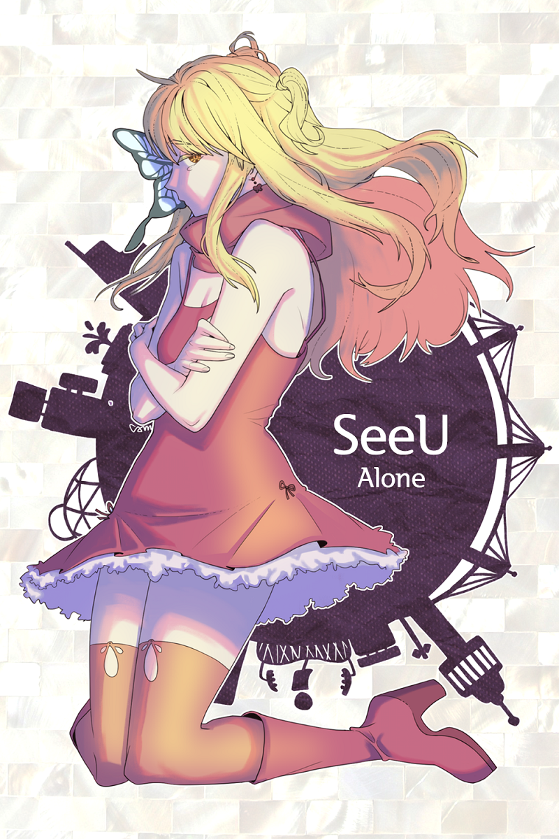 alone_(vocaloid) blonde_hair blue_eyes boots breasts brown_legwear character_name commentary crossed_arms dress earrings full_body highres jewelry kneeling long_hair red_dress scarf seeu semu small_breasts solo song_name star star-shaped_pupils symbol-shaped_pupils thighhighs two_side_up vocaloid zettai_ryouiki