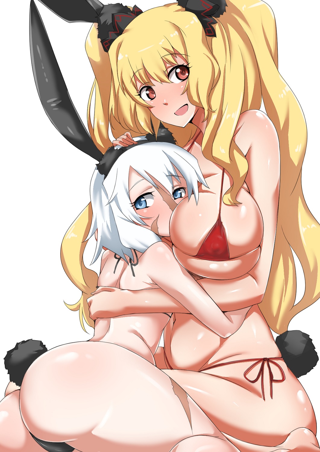 age_difference animal_ears anne_bonny_(fate/grand_order) ass ayuayu_(shouyu_no_sato) bikini black_bikini blonde_hair blue_eyes breast_smother breasts bunny_ears bunny_tail fate/grand_order fate_(series) highres large_breasts long_hair mary_read_(fate/grand_order) multiple_girls navel red_bikini red_eyes scar short_hair simple_background skindentation swimsuit tail thighs very_long_hair white_background white_hair yuri