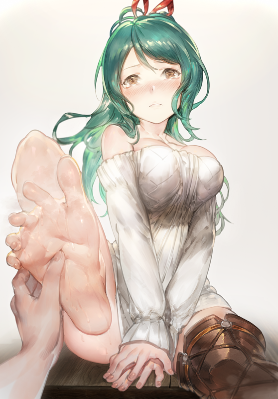 aos bare_shoulders barefoot blush boots breasts collarbone commentary_request dress feet granblue_fantasy green_hair herja large_breasts out_of_frame ponytail pov pov_hands ribbon shoes single_boot single_shoe single_thighhigh soles solo_focus spread_toes sweat sweater sweater_dress tearing_up thigh_boots thighhighs yellow_eyes