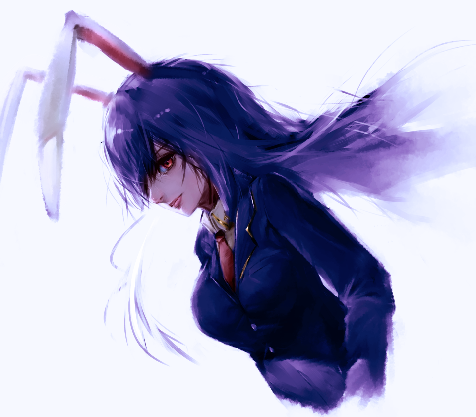 animal_ears asuzemu backlighting blazer blue_background breasts bunny_ears closed_mouth collared_shirt expressionless floating_hair hair_over_one_eye jacket lips long_sleeves looking_at_viewer medium_breasts nose purple_hair red_eyes reisen_udongein_inaba shiny shiny_hair shirt simple_background solo touhou upper_body
