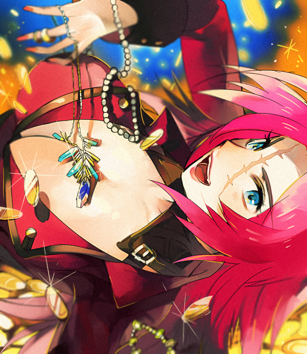 1girl blue_eyes breasts choker coat fate/extra fate_(series) jewelry lips long_hair open_mouth pink_hair rider_(fate/extra) scar