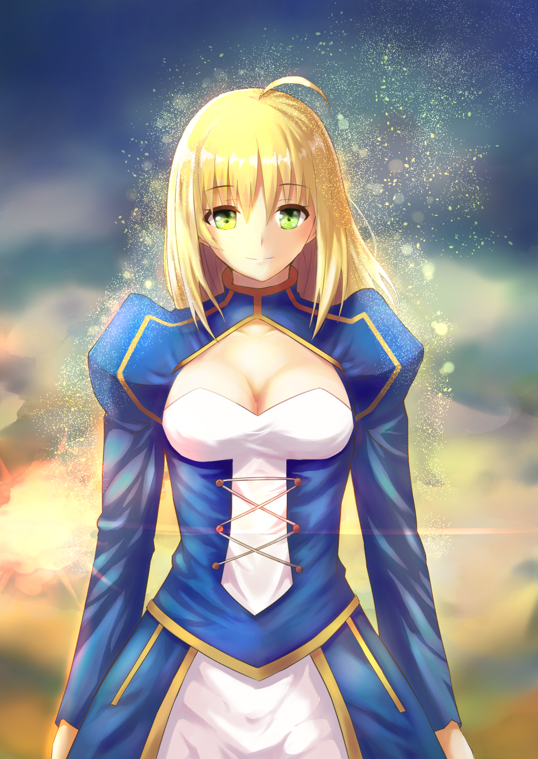 ahoge alternate_hair_length alternate_hairstyle artoria_pendragon_(all) bangs blonde_hair blurry blurry_background breasts center_opening cleavage closed_mouth depth_of_field eyebrows_visible_through_hair fate/stay_night fate_(series) hair_between_eyes highres juliet_sleeves kurokku light_rays light_smile long_sleeves looking_at_viewer medium_breasts outdoors puffy_sleeves saber smile solo standing upper_body