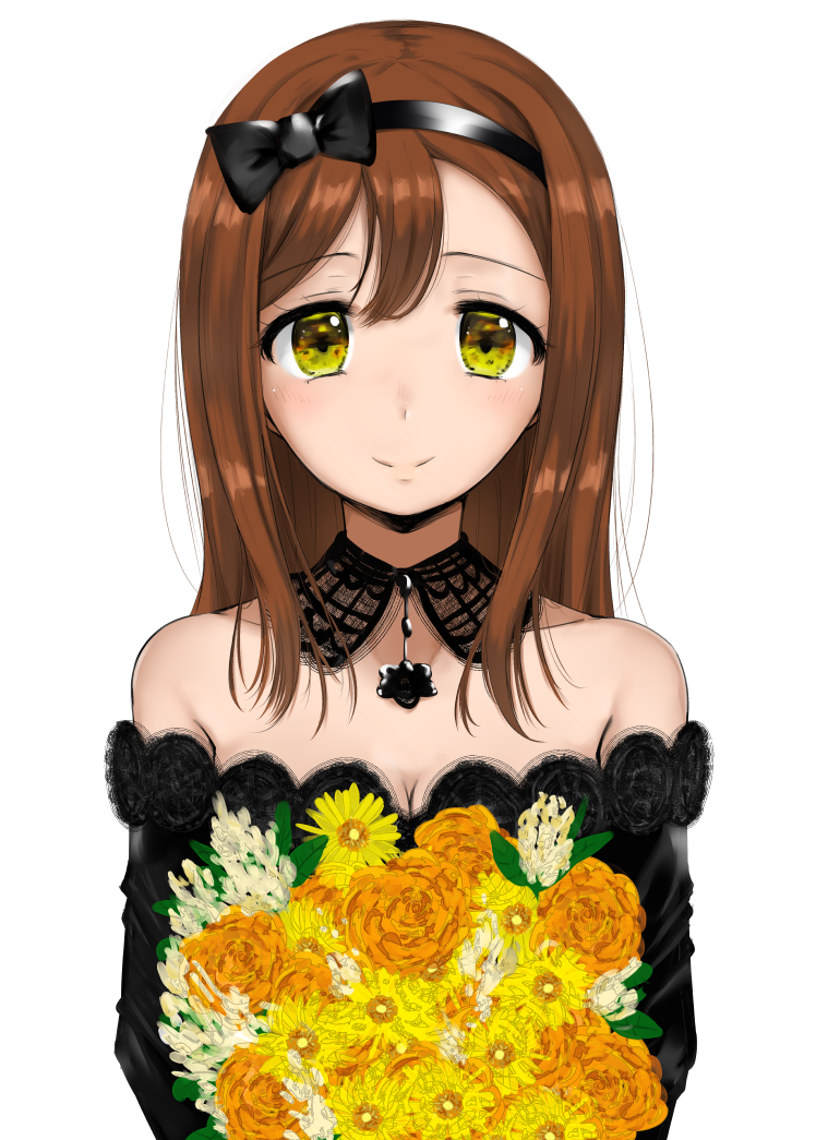 bare_shoulders black_bow blush bouquet bow breasts brown_hair cleavage closed_mouth detached_collar eyebrows_visible_through_hair flower hair_between_eyes hairband kunikida_hanamaru long_hair looking_at_viewer love_live! love_live!_sunshine!! rocha_(aloha_ro_cha) simple_background small_breasts smile solo upper_body white_background yellow_eyes