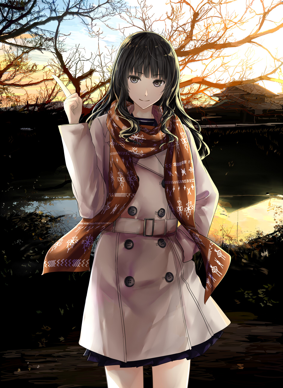 bangs belt black_eyes black_hair building buttons chef_no_kimagure_salad cloud coat commentary_request cowboy_shot day eyebrows_visible_through_hair hanashima-san highres long_hair looking_at_viewer original outdoors pleated_skirt pond scarf sidelocks skirt sky smile solo tree water