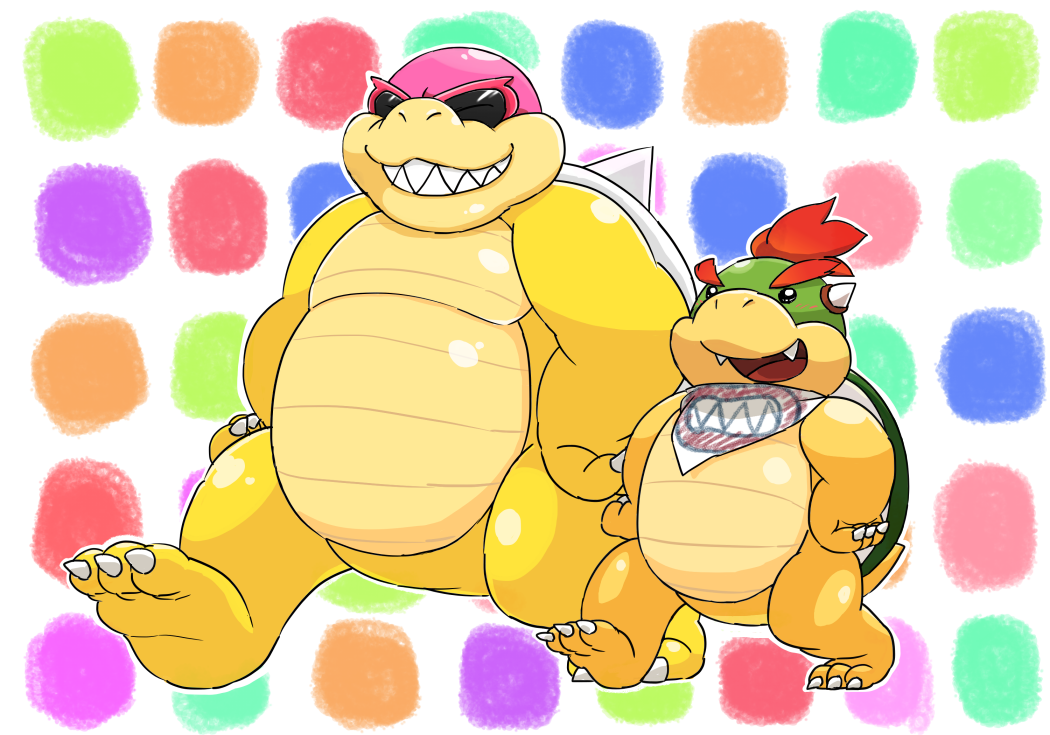 anthro bowser_jr. cute_fangs duo eyewear grin hands_on_hips hisashino koopa koopaling male mario_bros mostly_nude neckerchief nintendo nude overweight overweight_male reptile roy_koopa scalie shell size_difference spikes sunglasses video_games