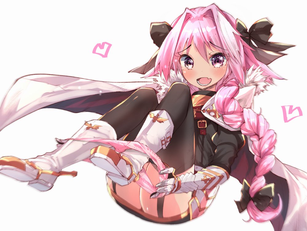 :d astolfo_(fate) blush braid cape fang fate/apocrypha fate_(series) hair_ribbon hato_haru long_hair looking_at_viewer male_focus open_mouth otoko_no_ko panties panties_removed panty_pull pink_hair pink_panties purple_eyes ribbon single_braid smile solo underwear undressing