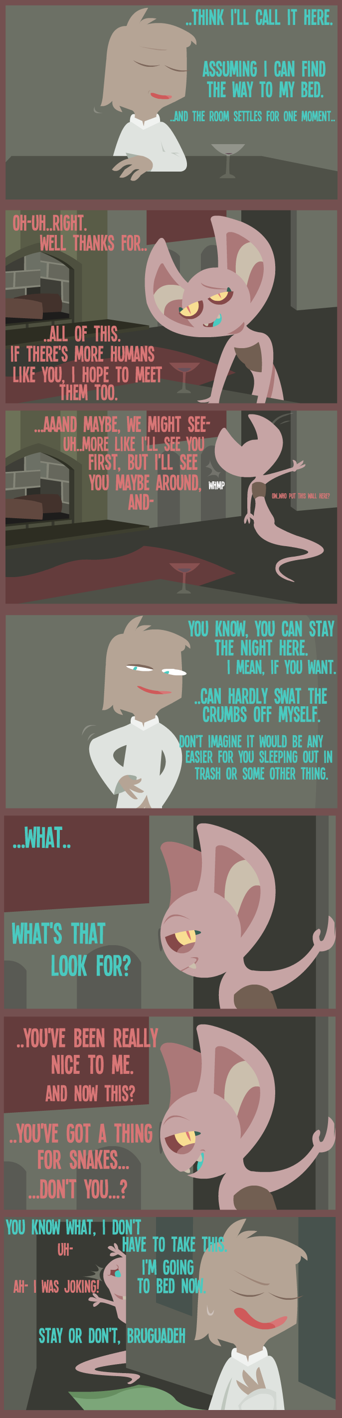 2017 alcohol beverage blue_eyes blue_text clothed clothing comic dialogue digital_media_(artwork) duo english_text eyes_closed fully_clothed furniture hair hi_res human looking_at_viewer male mammal night onomatopoeia open_mouth pink_eyes pink_text reptile scalie shane_frost simple_background smile snake sound_effects teeth text tongue white_text wine