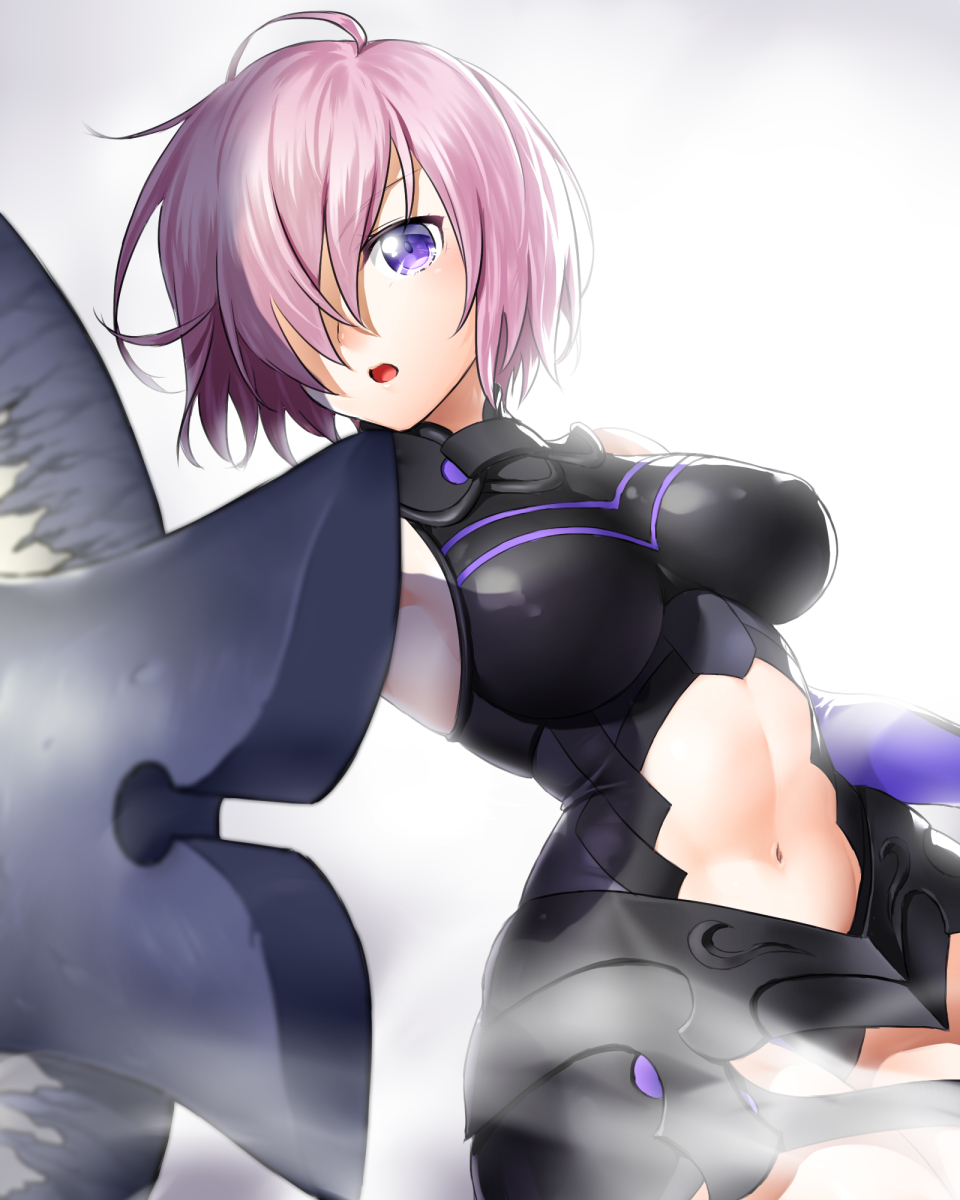 1girl :o armor armpits bare_shoulders black_gloves breasts elbow_gloves erect_nipples fate/grand_order fate_(series) faulds fog gloves hair_over_one_eye highres impossible_clothes large_breasts multicolored multicolored_clothes multicolored_gloves navel navel_cutout onsoku_maru pink_hair purple_eyes purple_gloves shield shielder_(fate/grand_order) shiny shiny_clothes shiny_hair short_hair solo