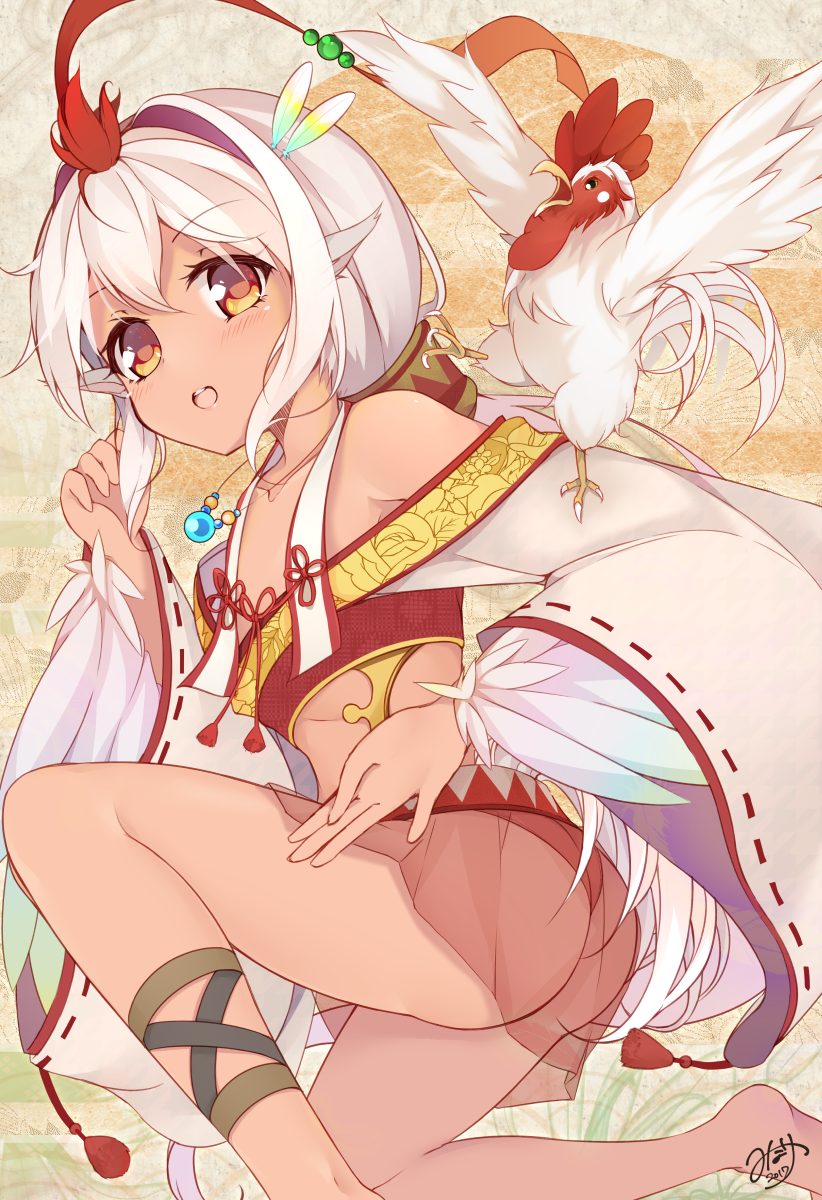 2017 :o animal_ears artist_name ass bad_id bad_pixiv_id bangs bird blush brown_eyes chicken chinese_zodiac collarbone commentary_request detached_sleeves eyebrows_visible_through_hair feathers flat_chest from_side hair_between_eyes highres kneeling looking_at_viewer minari_(minari37) nengajou new_year nontraditional_miko open_mouth original panties red_panties red_string ribbon-trimmed_sleeves ribbon_trim rooster short_hair_with_long_locks signature smile solo string tan tassel teeth thighs underwear white_hair year_of_the_rooster