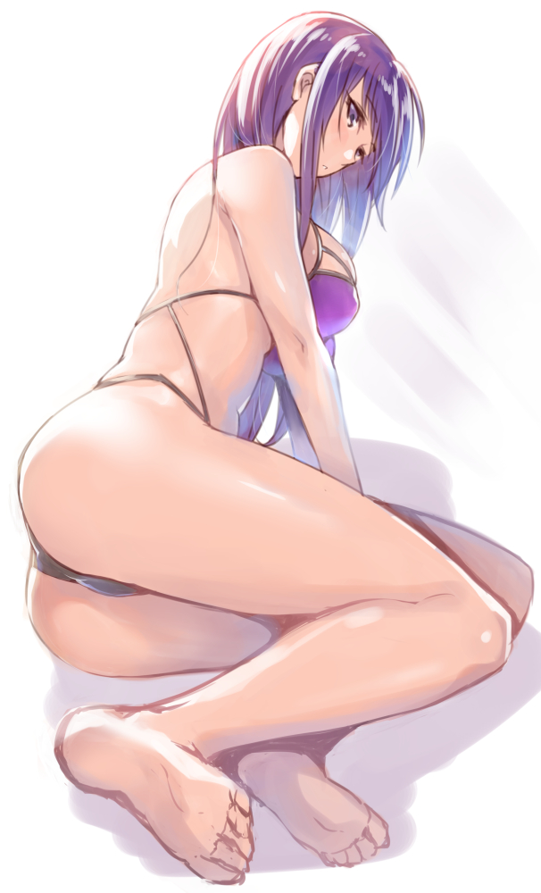 arm_support ass bangs barefoot bikini breasts commentary_request eyebrows_visible_through_hair large_breasts long_hair looking_at_viewer lying malariya on_side ono_misao parted_lips purple_bikini purple_eyes purple_hair quiz_magic_academy simple_background solo swimsuit teeth thighs white_background