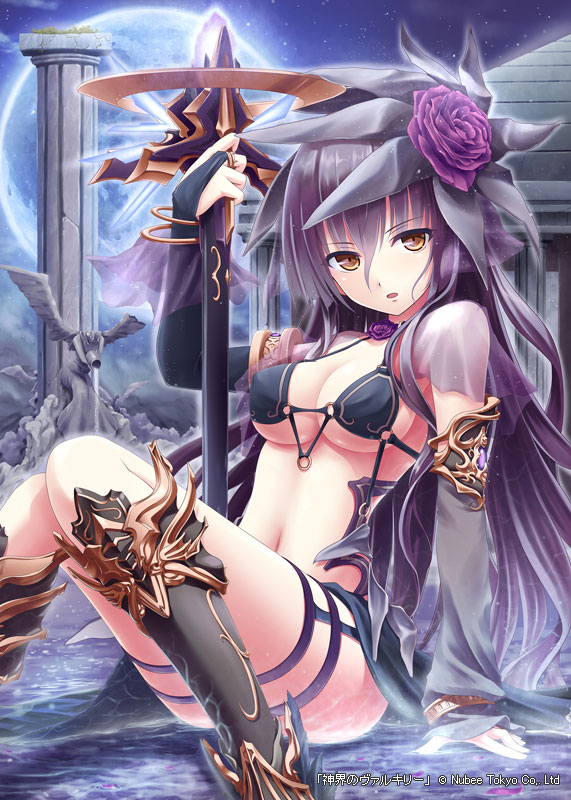 akkijin arm_support armlet armor bangs bare_shoulders black_dress boots bracelet breasts choker cleavage cloud company_name convenient_leg copyright_name detached_sleeves diana_(shinkai_no_valkyrie) dress flower gem goddess greaves hair_flower hair_ornament holding jewelry knee_boots knees_together_feet_apart large_breasts leaf long_hair looking_at_viewer moon navel no_bra official_art open_mouth orb outdoors pillar pouring purple_flower purple_hair purple_rose reflection revealing_clothes rome rose shinkai_no_valkyrie sideboob sitting sky sleeves_past_wrists solo staff statue tiara toga very_long_hair water weapon wet yellow_eyes