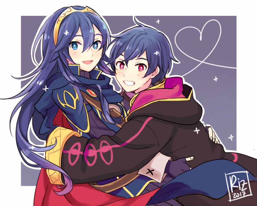 1girl armor blue_background blue_eyes blue_hair brother_and_sister cape dinikee fire_emblem fire_emblem:_kakusei long_hair looking_at_viewer lucina mark_(fire_emblem) mark_(male)_(fire_emblem) pauldrons red_eyes short_hair siblings signature simple_background smile