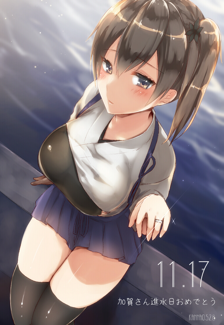 artist_name black_legwear blue_skirt blush breasts brown_eyes brown_gloves brown_hair dated eyebrows eyebrows_visible_through_hair from_above gloves hair_between_eyes jewelry kaga_(kantai_collection) kantai_collection large_breasts looking_at_viewer looking_up muneate ocean pleated_skirt ring sakiryo_kanna shiny shiny_clothes short_hair side_ponytail single_glove sitting skindentation skirt solo thighhighs translated wedding_band