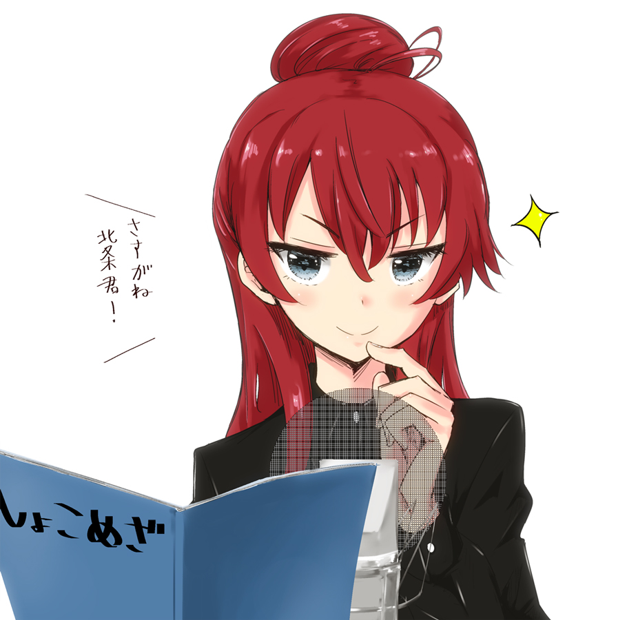 &gt;:) black_shirt blue_eyes book closed_mouth eyebrows_visible_through_hair finger_to_mouth hair_between_eyes hair_bun long_hair long_sleeves looking_at_viewer microphone open_book pop_filter red_hair rocha_(aloha_ro_cha) sakaki_shizuka script shirobako shirt simple_background smile solo sparkle studio_microphone translation_request tsurime v-shaped_eyebrows white_background