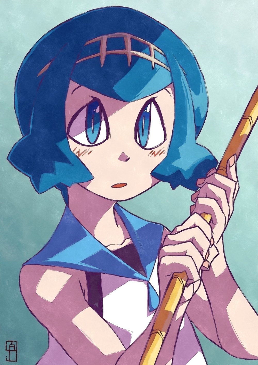 :o aqua_background bare_arms bare_shoulders black_swimsuit blue_eyes blue_hair blue_sailor_collar blush bright_pupils chawalit_adsawawalanon fingernails fishing_rod gradient gradient_background hairband highres holding looking_at_viewer one-piece_swimsuit open_mouth pokemon pokemon_(game) pokemon_sm sailor_collar shirt short_hair sleeveless sleeveless_shirt solo suiren_(pokemon) swimsuit swimsuit_under_clothes trial_captain upper_body white_shirt