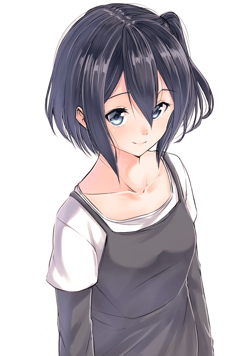 apron black_hair blue_eyes breasts closed_mouth collarbone hair_between_eyes highres long_sleeves looking_at_viewer medium_breasts one_side_up original shirt simple_background smile solo suzunari_shizuku upper_body white_background white_shirt yuki_arare