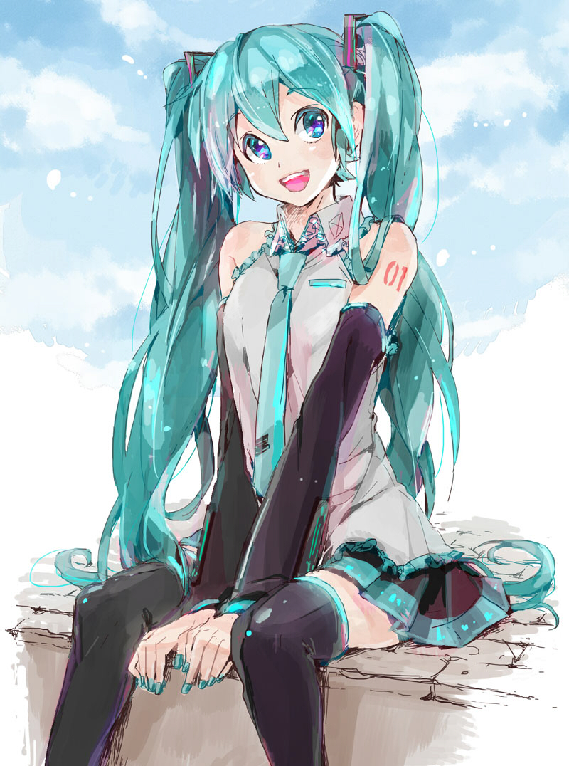 breasts cloud day detached_sleeves eyelashes green_hair green_nails gyorui_(toura_minato) hair_ornament hatsune_miku long_hair multicolored multicolored_eyes nail_polish necktie open_mouth pleated_skirt sitting sketch skirt sky small_breasts smile solo teeth thighhighs twintails very_long_hair vocaloid