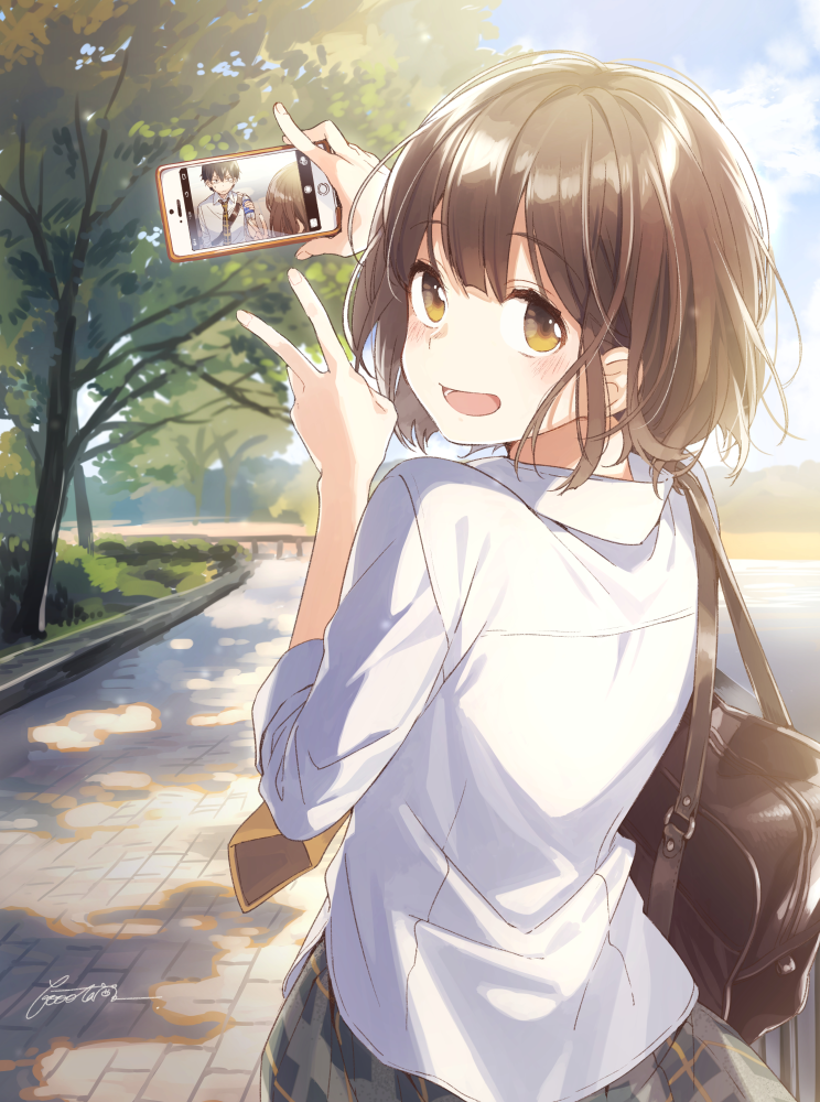 1girl :d artist_name bag booota bottle brown_eyes brown_hair cellphone cellphone_picture commentary_request day holding long_sleeves looking_at_viewer moriyama_rin necktie nidome_no_natsu_nidoto_aenai_kimi open_mouth phone shirt short_hair signature skirt smartphone smile tree v white_shirt yellow_neckwear