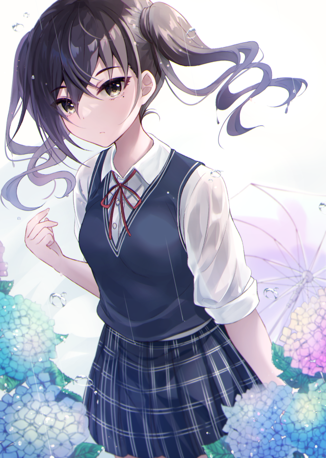 1girl black_skirt blurry blush breasts brown_eyes brown_hair closed_mouth commentary_request depth_of_field dot_nose floating_hair flower grey_vest hair_between_eyes hair_tie hand_up hydrangea idolmaster idolmaster_cinderella_girls idolmaster_cinderella_girls_starlight_stage looking_at_viewer mole mole_under_eye neck_ribbon plaid plaid_skirt pleated_skirt rain red_ribbon ribbon rocomani school_uniform shirt short_sleeves skirt small_breasts solo sunazuka_akira transparent transparent_umbrella twintails umbrella vest water_drop wet wet_clothes wet_shirt white_shirt