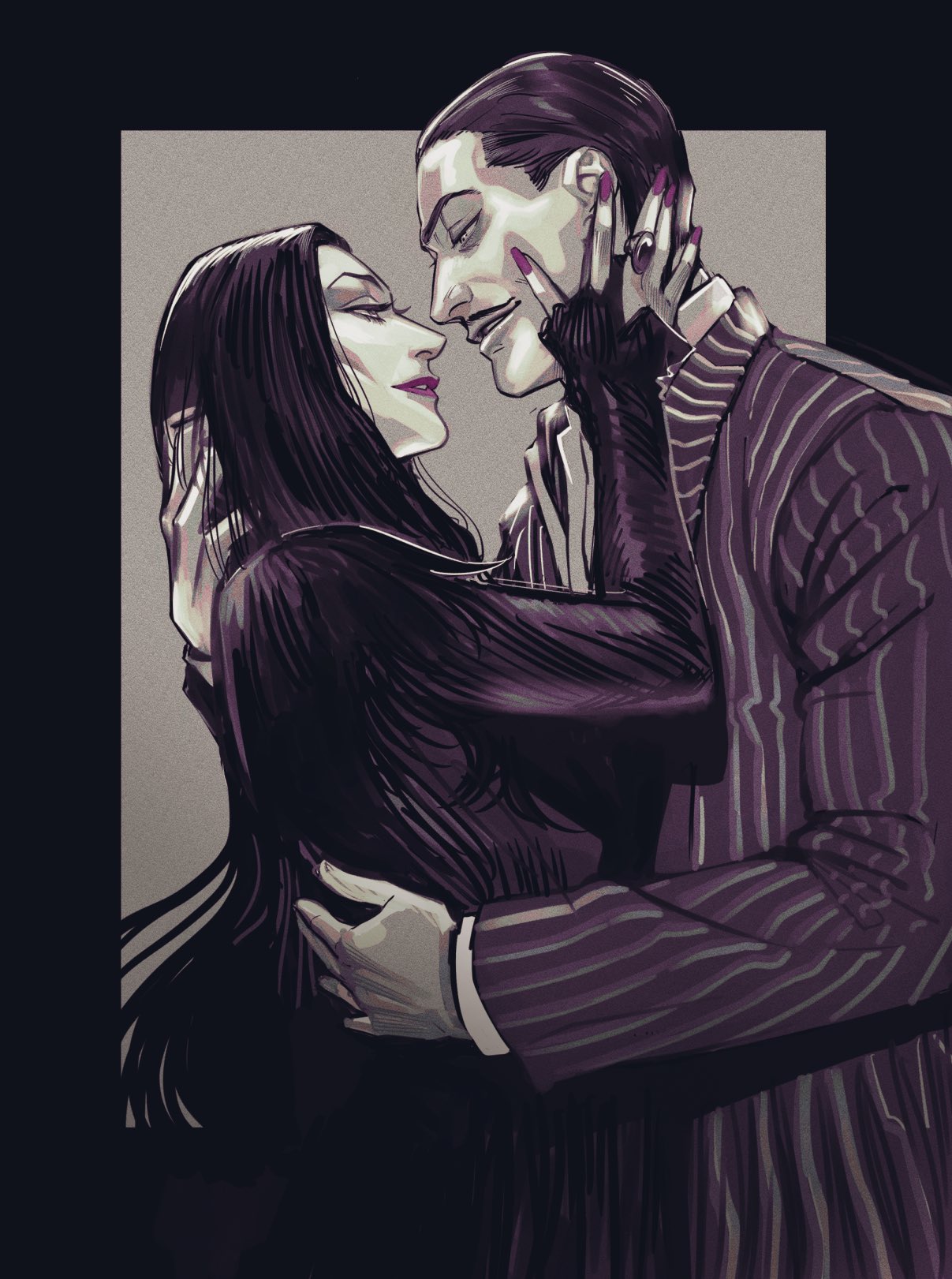 1boy 1girl addams_family black_border border dress facial_hair gomez_addams grey_background hair_slicked_back hand_on_another's_face highres hug jacket jewelry long_dress long_hair long_sleeves looking_at_another morticia_addams mustache profile purple_lips purple_nails ring shirt short_hair striped striped_jacket tobo_katsuo upper_body vertical-striped_jacket vertical_stripes white_shirt
