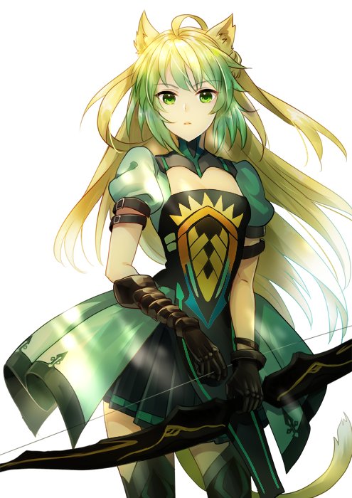 1girl ahoge animal_ears arm_belt atalanta_(fate) black_gloves blonde_hair bow_(weapon) cowboy_shot dress fate/apocrypha fate_(series) gloves gradient_hair green_dress green_eyes green_hair holding holding_bow_(weapon) holding_weapon looking_at_viewer multicolored_hair obihiro pelvic_curtain pleated_skirt puffy_short_sleeves puffy_sleeves short_sleeves simple_background skirt solo thighhighs weapon white_background