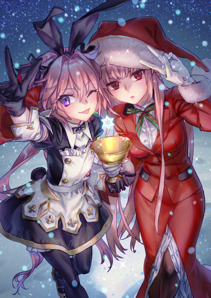 1boy 1girl animal_ears astolfo_(fate) astolfo_(saber)_(fate) astolfo_(saber)_(third_ascension)_(fate) black_bow black_bowtie black_gloves black_thighhighs bow bowtie buttons christmas cup dress fake_animal_ears fate/apocrypha fate/grand_order fate_(series) florence_nightingale_(fate) florence_nightingale_(santa)_(fate) fur_trim gloves hair_bow hat holding holding_cup holy_grail_(fate) long_hair multicolored_hair na222222 one_eye_closed otoko_no_ko pantyhose pink_hair pom_pom_(clothes) purple_eyes rabbit_ears red_eyes red_suit santa_hat sky smile snow sparkle star_(sky) starry_sky streaked_hair suit thighhighs tongue tongue_out twintails v very_long_hair white_hair wing_collar