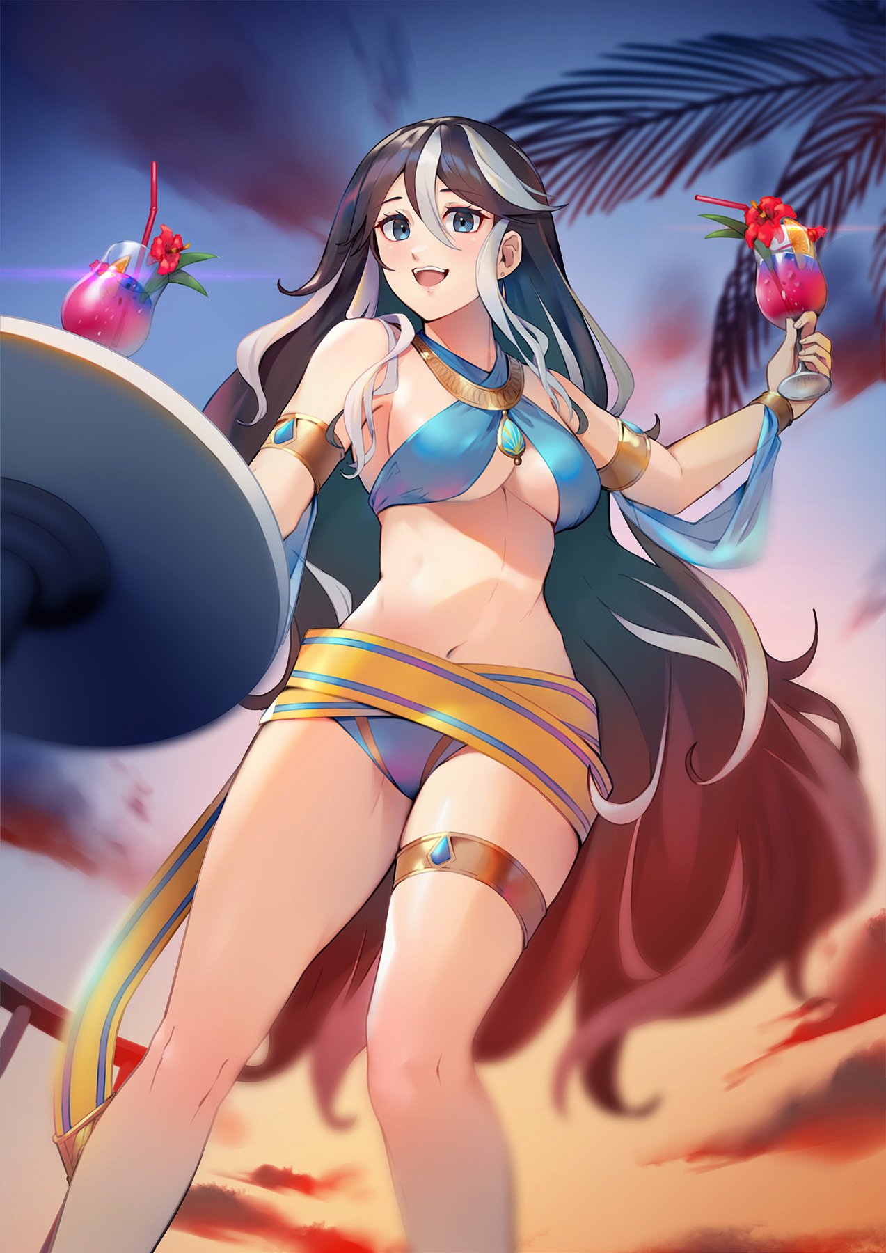 1girl bare_shoulders bikini black_hair blue_bikini blue_eyes breasts cocktail_glass commission cup drinking_glass dusk food from_below fruit hair_between_eyes hand_up highres holding holding_cup jewelry long_hair looking_at_viewer medium_breasts multicolored_hair nakaga_eri navel necklace open_mouth orange_(fruit) orange_sky orange_slice outdoors palm_leaf sarai_(ys) skeb_commission sky smile solo stomach streaked_hair swimsuit table thigh_strap underboob very_long_hair white_hair ys ys_viii_lacrimosa_of_dana