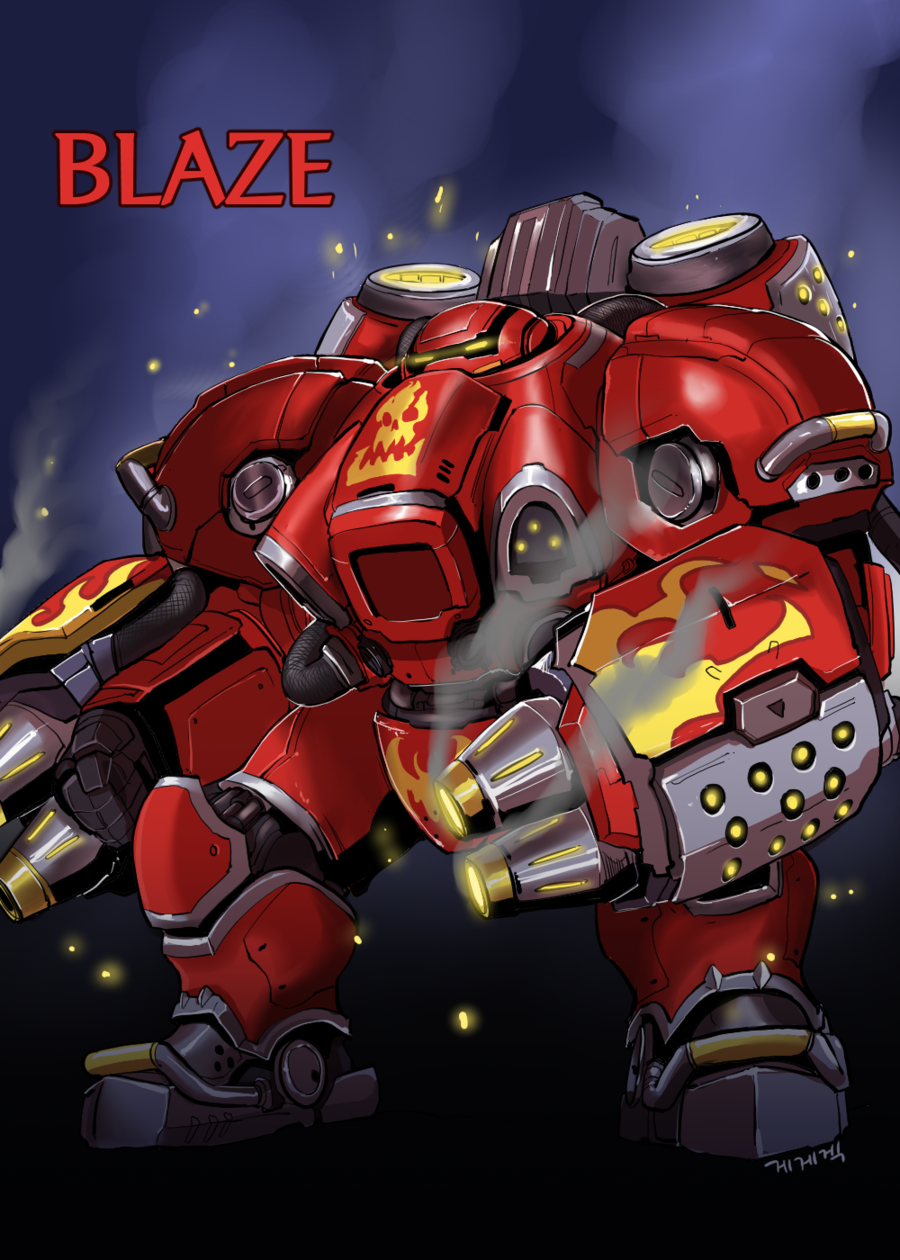 arm_mounted_weapon armor blaze_(starcraft) character_name clenched_hand embers flame_print flamethrower gegegekman glowing glowing_eyes glowing_weapon heroes_of_the_storm highres joints mecha mecha_focus power_armor red_armor robot robot_joints science_fiction signature simple_background skull_print smoke starcraft terran weapon yellow_eyes