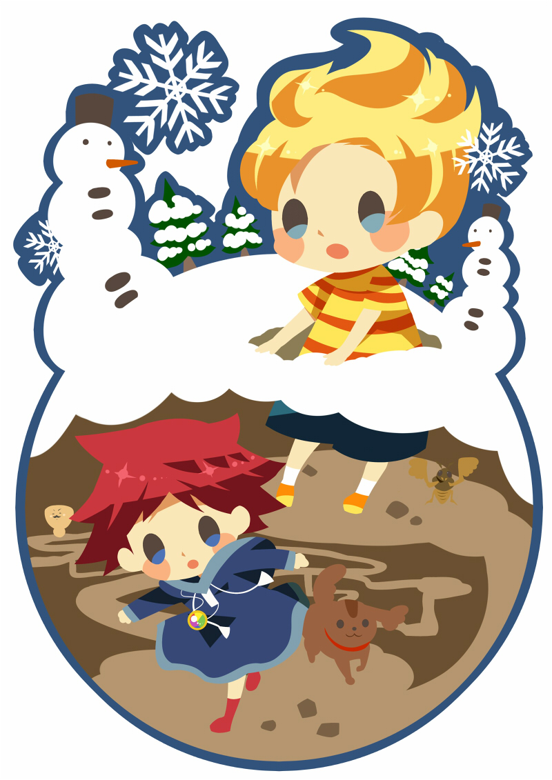 1boy 1girl black_shorts blue_dress blue_eyes blush_stickers dress hitofutarai jewelry kumatora lucas_(mother_3) mother_(game) mother_3 necklace open_mouth orange_footwear red_footwear red_headwear shirt short_hair shorts snow snowflakes snowman socks solid_oval_eyes striped striped_shirt tree white_socks