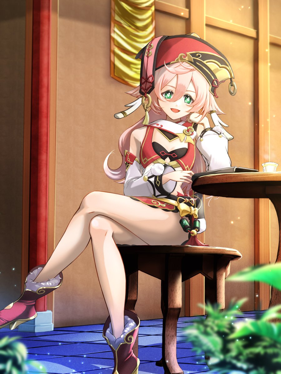 1girl bare_shoulders black_bra book boots bra breasts chiga_akira crop_top cup detached_sleeves full_body genshin_impact green_eyes hat high_heel_boots high_heels highres jpeg_artifacts looking_at_viewer miniskirt open_mouth pink_hair plant red_headwear sitting skirt small_breasts smile solo table teacup underwear yanfei_(genshin_impact)