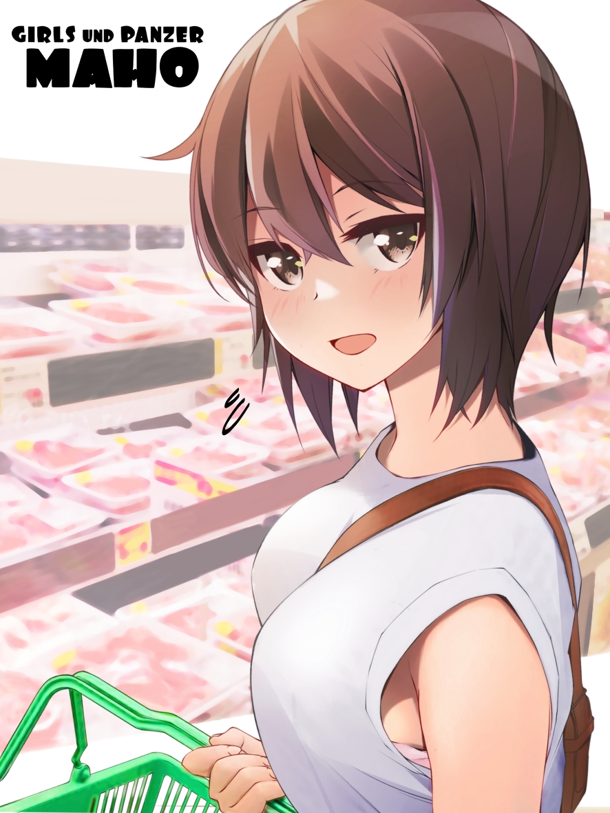 1girl basket between_breasts breasts brown_eyes brown_hair character_name chuutaro_metal commentary_request copyright_name flying girls_und_panzer looking_at_viewer medium_breasts nishizumi_maho shirt short_hair sleeveless sleeveless_shirt smile solo strap_between_breasts supermarket upper_body