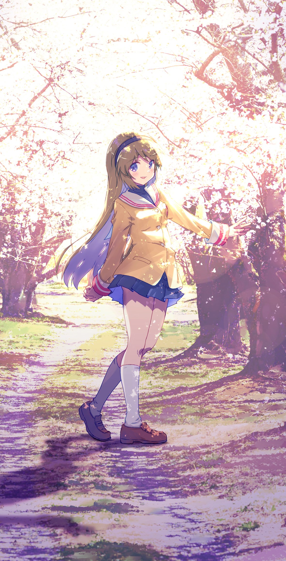 1girl akayama_yukihe arm_at_side black_hairband blazer blue_eyes blue_skirt blush brown_footwear clannad commentary_request dappled_sunlight day full_body hair_between_eyes hairband highres jacket kneehighs light_brown_hair loafers long_hair looking_at_viewer miniskirt open_mouth outdoors outstretched_arm park photo_background pleated_skirt sailor_collar sakagami_tomoyo shoes skirt smile socks solo spring_(season) standing sunlight thighs turtleneck very_long_hair white_sailor_collar white_socks yellow_jacket