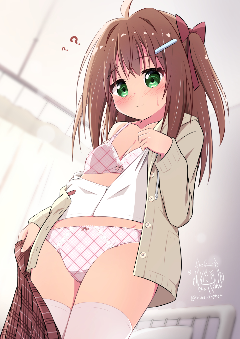 1girl ? ahoge bare_shoulders blonde_dog_girl_(ri-net) blush bow bow_bra bow_panties bra breasts brown_bow brown_hair brown_jacket brown_skirt character_watermark cleavage closed_mouth clothes_pull collarbone commentary_request drawstring green_eyes hair_bow hair_intakes hair_ornament hairclip highres hood hood_down hooded_jacket indoors jacket long_hair off_shoulder open_clothes open_jacket original panties pink_bra pink_panties plaid plaid_bra plaid_panties plaid_skirt ri-net shirt skirt skirt_pull small_breasts smile solo standing sweat thighhighs twitter_username two_side_up underwear white_shirt white_thighhighs