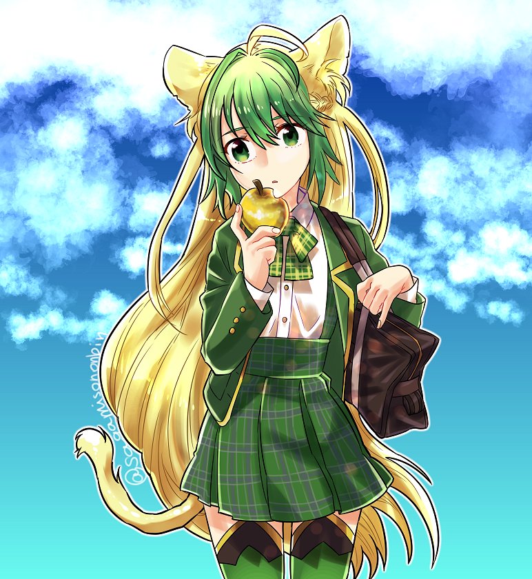 1girl ahoge alternate_costume animal_ears apple atalanta_(fate) bag black_bag blazer blonde_hair blue_background bow bowtie braid closed_mouth cloud collared_shirt cowboy_shot fate/apocrypha fate_(series) food fruit golden_apple green_bow green_bowtie green_eyes green_hair green_jacket green_skirt green_thighhighs holding holding_food jacket lion_ears lion_tail long_sleeves looking_to_the_side outline parted_lips plaid plaid_bow plaid_bowtie plaid_skirt sagamiso school_bag school_uniform shirt shirt_tucked_in shoulder_bag skirt solo tail thighhighs twitter_username white_outline white_shirt yellow_tail