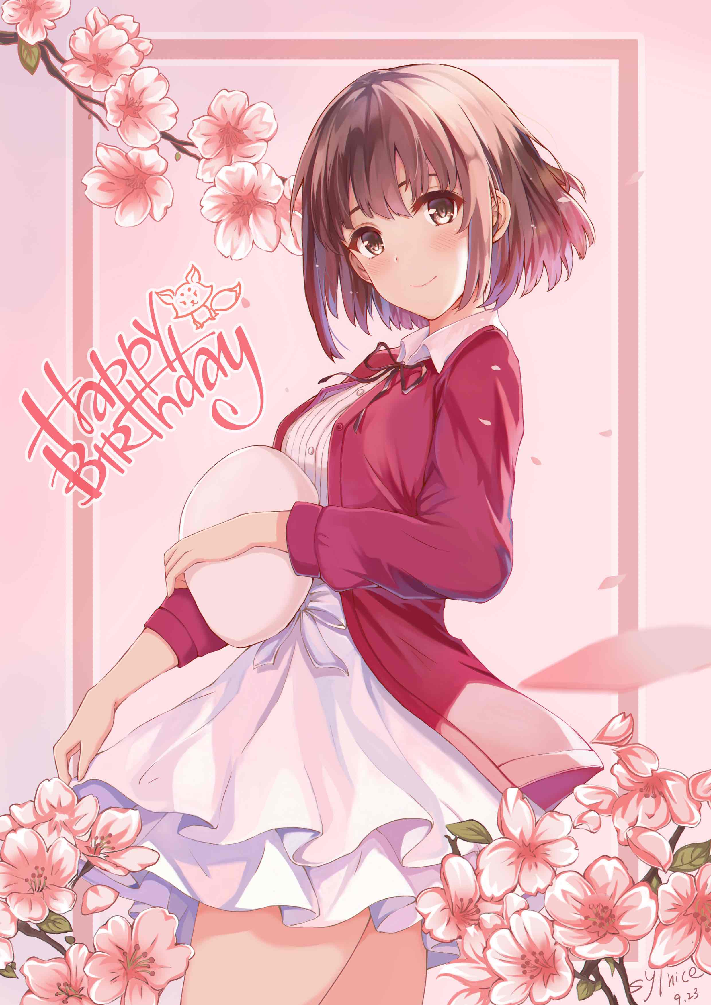 1girl absurdres beret breasts brown_eyes brown_hair cardigan dress flower frilled_dress frills from_side happy_birthday hat highres holding holding_clothes holding_hat katou_megumi looking_at_viewer medium_breasts open_cardigan open_clothes pink_flower plant red_cardigan saenai_heroine_no_sodatekata short_hair smile solo standing sylnice white_dress white_headwear