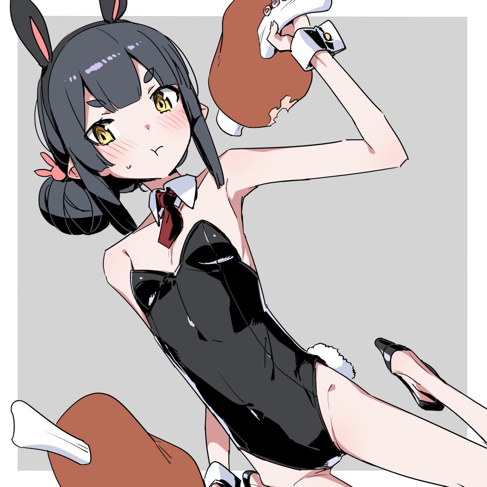 1girl :t akari_(raigou) animal_ears bite_mark black_footwear black_hair black_leotard boned_meat elf fake_animal_ears fake_tail food hair_bun hair_ornament high_heels leotard meat original playboy_bunny pointy_ears rabbit_ears rabbit_hair_ornament raigou solo tail thick_eyebrows yellow_eyes