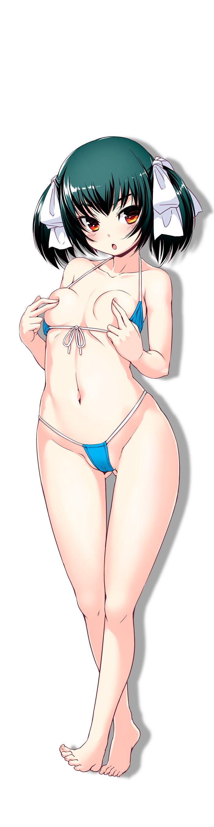 absurdres alpha_transparency ass_visible_through_thighs bikini bikini_top_aside blue_bikini bosshi covering_nipples front-tie_bikini_top front-tie_top full_body green_hair hair_ribbon highres micro_bikini navel orange_eyes original petite ribbon swimsuit transparent_background twintails variant_set yu_(bosshi)