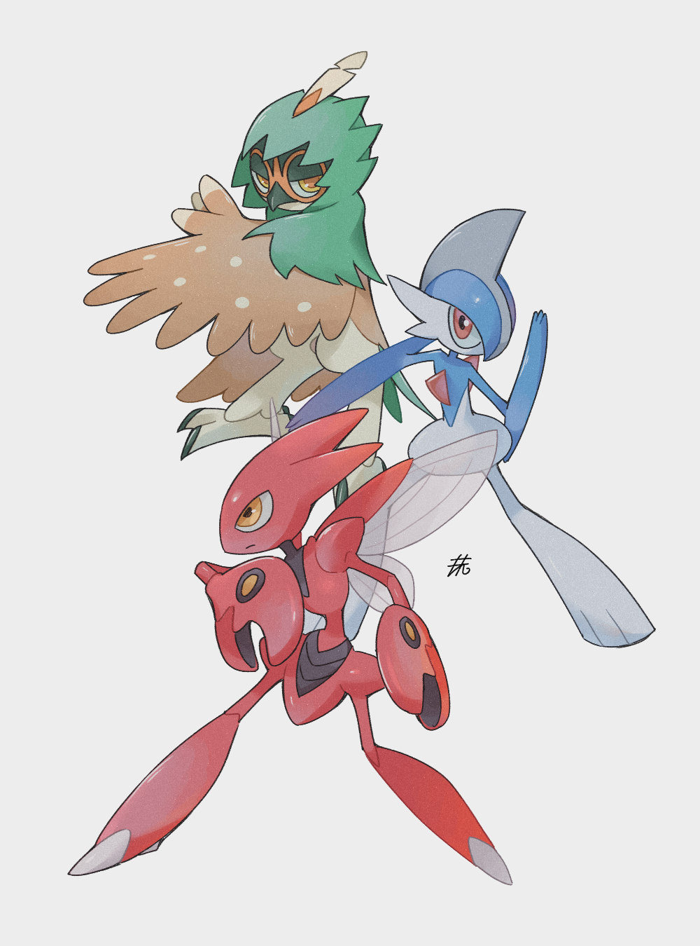 alternate_color artisan0849 beak blue_hair claws closed_mouth colored_skin commentary_request decidueye gallade highres insect_wings no_humans orange_eyes pokemon pokemon_(creature) red_eyes red_skin scizor shiny_pokemon simple_background standing talons white_background white_skin wings yellow_eyes