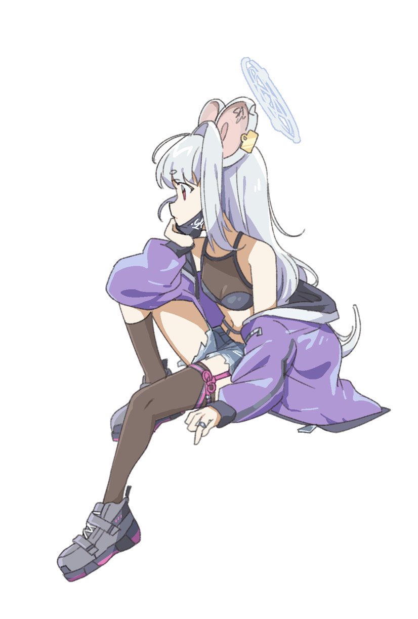1girl animal_ears asymmetrical_legwear black_mask black_socks black_thighhighs blue_archive blue_halo breasts grey_hair halo highres jacket jewelry kneehighs long_hair long_sleeves mask mouse_ears mouth_mask navel official_alternate_costume open_clothes open_jacket purple_jacket red_eyes ring saya_(blue_archive) saya_(casual)_(blue_archive) simple_background single_kneehigh single_sock single_thighhigh small_breasts socks solo syumi080 thighhighs white_background