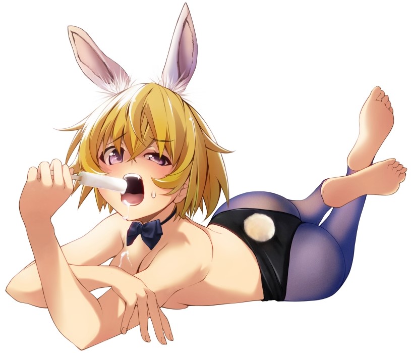 1girl alternate_breast_size animal_ear_fluff animal_ears ass barefoot black_bow black_bowtie blonde_hair bow bowtie breasts chuutaro_metal cleavage commentary_request food food_on_body food_on_breasts hand_on_own_arm higurashi_no_naku_koro_ni holding holding_food holding_popsicle houjou_satoko large_breasts lying open_mouth pantyhose playboy_bunny popsicle purple_eyes rabbit_ears rabbit_tail sexually_suggestive short_hair sideways simple_background soles solo sweat tail teeth white_background