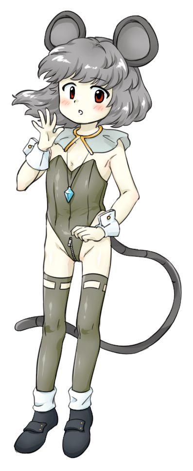 1girl :o adapted_costume animal_ears black_footwear blush crotch_zipper flat_chest full_body grey_hair grey_leotard grey_tail grey_thighhighs hand_up highleg highleg_leotard leotard mouse_ears mouse_girl mouse_tail nazrin nonamejd official_style red_eyes short_hair simple_background solo standing strapless strapless_leotard tail thighhighs touhou white_background white_wrist_cuffs wrist_cuffs zipper zipper_pull_tab zun_(style)