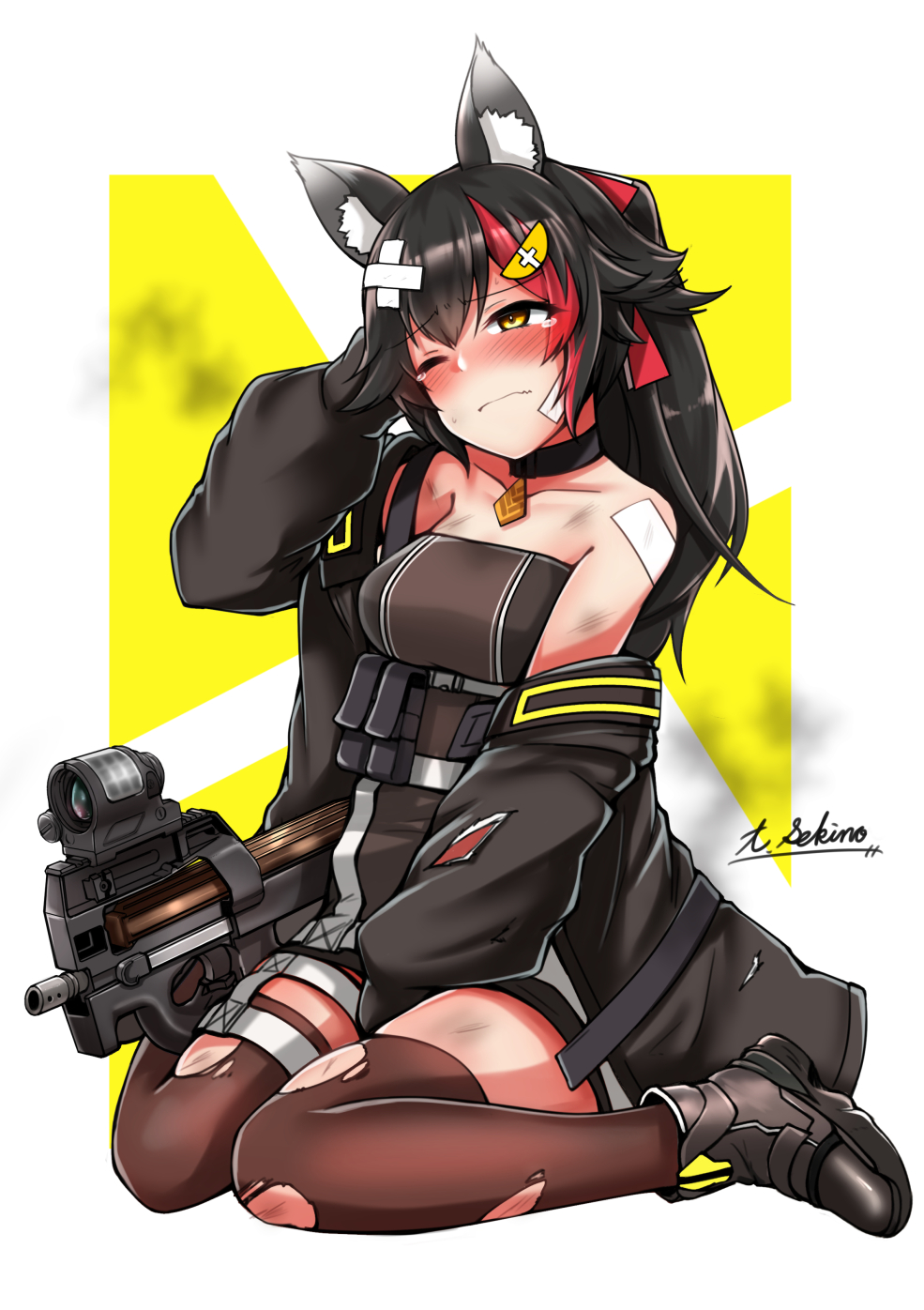 ammunition_pouch animal_ears between_legs black_hair blush boots breasts brown_footwear bullpup closed_mouth collarbone commission cosplay dirty girls'_frontline gun hair_ornament hand_between_legs hand_up highres hololive jacket large_breasts long_hair long_sleeves multicolored_hair off_shoulder ookami_mio open_clothes open_jacket optical_sight p90 p90_(girls'_frontline) p90_(girls'_frontline)_(cosplay) ponytail pouch sekino_takehiro signature sitting skeb_commission smoke streaked_hair submachine_gun tearing_up torn_clothes virtual_youtuber wariza weapon wolf_ears yellow_eyes