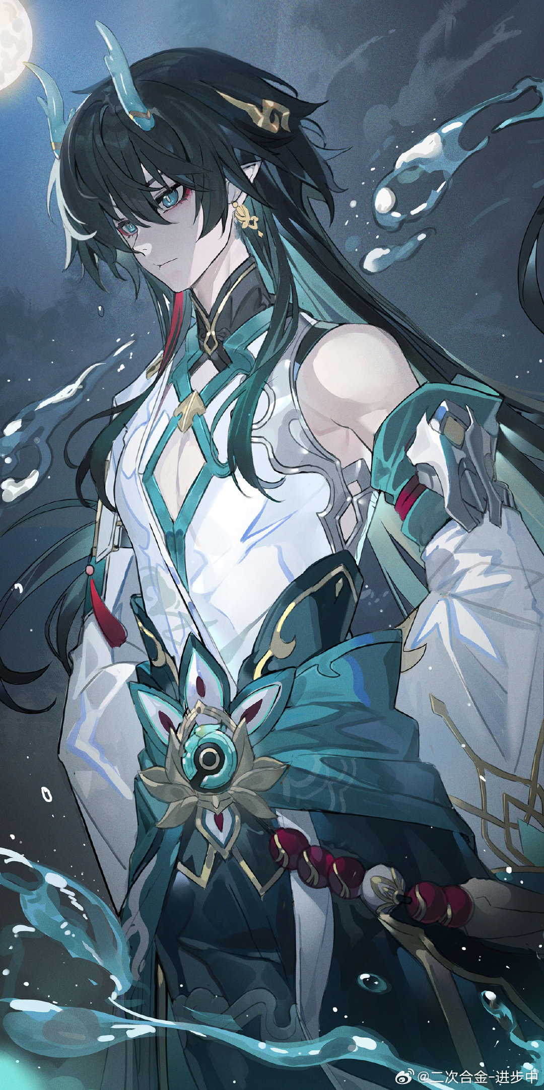 1boy aqua_belt aqua_eyes aqua_hair bare_shoulders black_collar black_hair blue_horns chinese_clothes chinese_commentary cleavage_cutout closed_mouth clothing_cutout cloud collar collared_shirt colored_tips commentary_request dan_heng_(honkai:_star_rail) dan_heng_(imbibitor_lunae)_(honkai:_star_rail) detached_sleeves earrings echj expressionless eyeshadow feet_out_of_frame full_moon gold_earrings hair_ornament hand_on_hilt high_collar highres honkai:_star_rail honkai_(series) horns jewelry long_hair long_sleeves looking_down makeup male_focus moon multicolored_hair night night_sky outdoors pectoral_cleavage pectorals pointy_ears red_eyeshadow sheath sheathed shirt sidelocks sky sleeveless sleeveless_shirt solo two-tone_hair wading water_drop white_shirt white_sleeves wide_sleeves