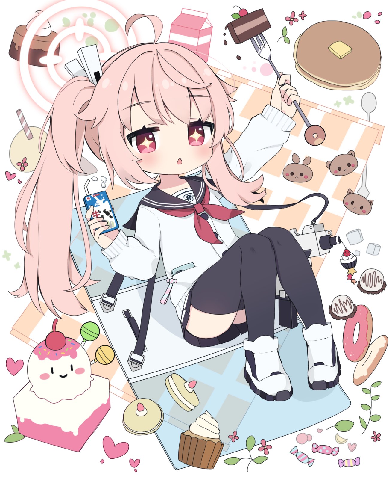 +_+ 1girl ahoge black_sailor_collar black_skirt black_thighhighs blue_archive blush buttons cake cake_slice cardigan doughnut drink drinking food fork gun halo highres holding holding_drink holding_fork long_hair long_sleeves muffin natsu_(blue_archive) neckerchief open_mouth pancake pink_hair pink_halo pleated_skirt poco_(zdrq3) red_eyes red_neckerchief sailor_collar shoes side_ponytail skirt solo thighhighs weapon white_cardigan white_footwear