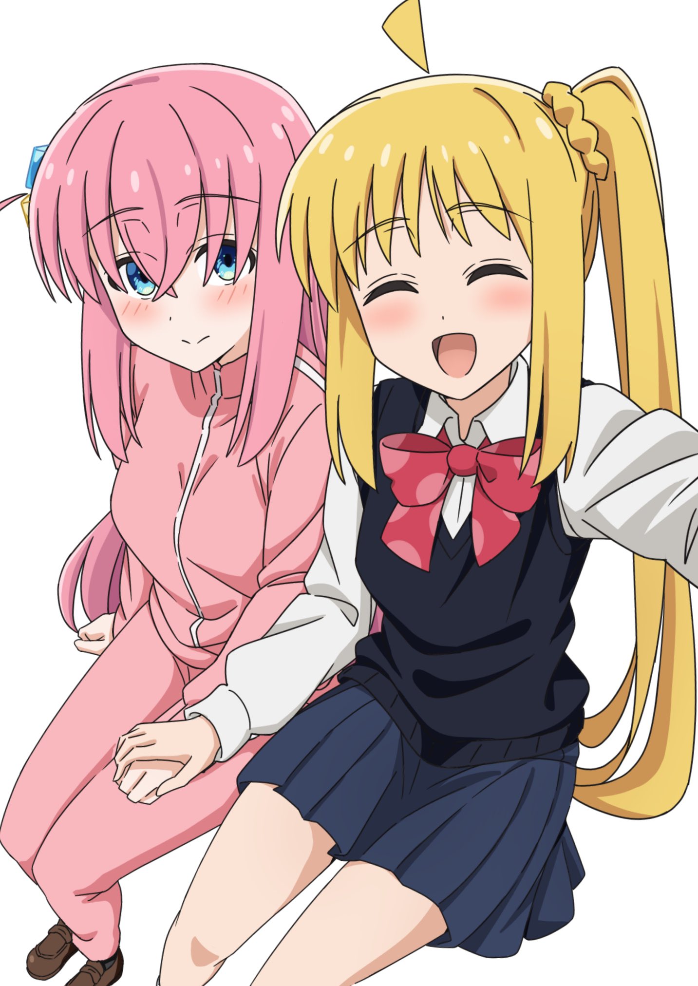 2girls ^_^ ahoge black_sweater_vest blonde_hair blue_eyes blue_skirt blush bocchi_the_rock! bow bowtie closed_eyes closed_mouth collared_shirt commentary crossed_bangs cube_hair_ornament detached_ahoge dress_shirt gotoh_hitori hair_between_eyes hair_ornament highres holding_hands ijichi_nijika invisible_chair jacket kanata_mako long_hair long_sleeves multiple_girls one_side_up open_mouth pants pink_hair pink_jacket pink_pants pink_track_suit pleated_skirt polka_dot_bowtie red_bow red_bowtie school_uniform selfie shirt side_ponytail sidelocks sitting skirt sweater_vest white_background yuri