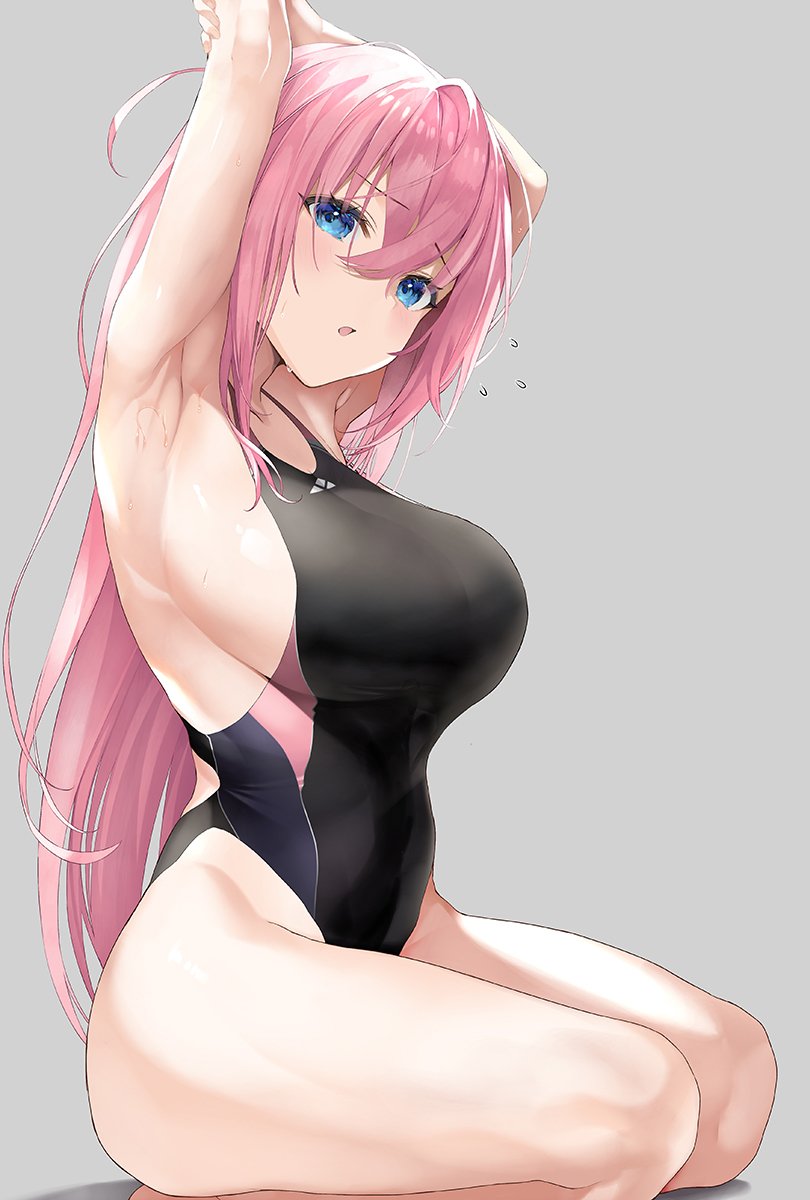 1girl armpits arms_up black_one-piece_swimsuit blue_eyes blush bocchi_the_rock! breasts commentary_request covered_navel flying_sweatdrops gotoh_hitori grey_background hair_between_eyes highres inuzumi_masaki large_breasts legs long_hair looking_at_viewer navel one-piece_swimsuit open_mouth pink_hair sitting solo sweat swimsuit thighs