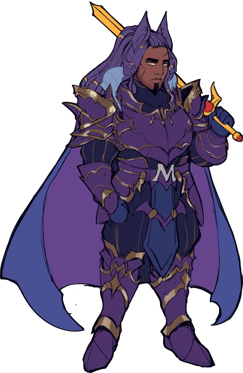 1boy armor blue_cape cape commentary dark-skinned_male dark_skin dreadlocks english_commentary facial_hair highres holding holding_sword holding_weapon kirby_(series) male_focus meta_knight personification pointy_ears purple_armor purple_hair saturn/eden_(saturnsorblt) solo stubble sword weapon yellow_eyes